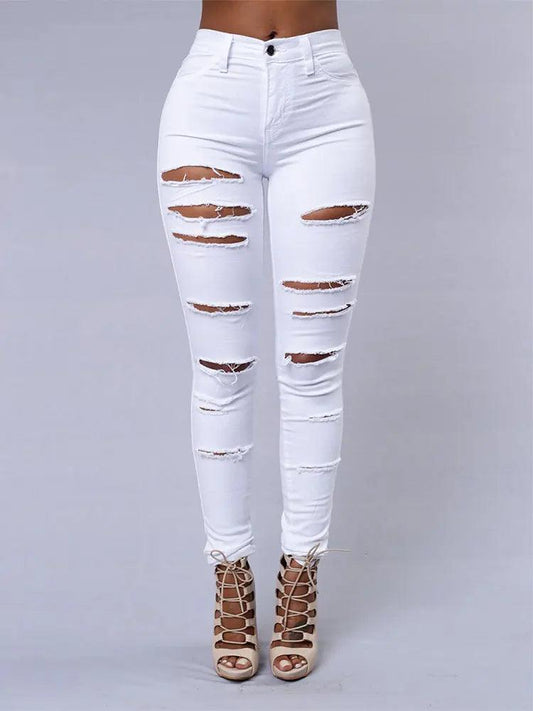 2025 Women's Stretch Skinny Ripped Hole Washed Denim Jeans Female High Waist Pencil Y2k Pants Jeans Ladies Casual Trousers Pants - MANDOTOS