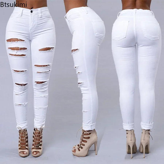 2025 Women's Stretch Skinny Ripped Hole Washed Denim Jeans Female High Waist Pencil Y2k Pants Jeans Ladies Casual Trousers Pants - MANDOTOS
