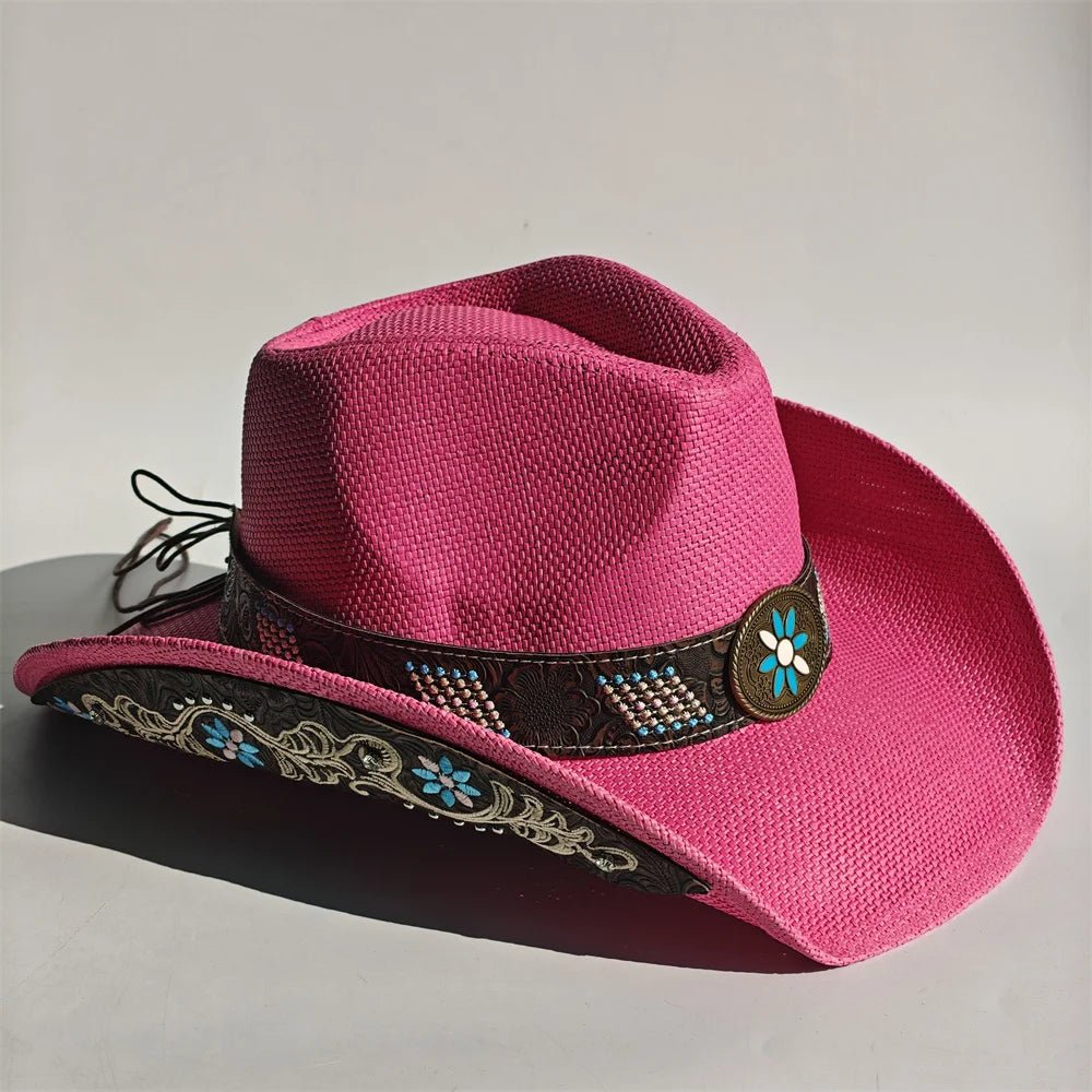Embroidered Straw Cowboy Hat - Western Sun Hat for Women Men - Country Rodeo Cowgirl - MANDOTOS INTERNATIONAL