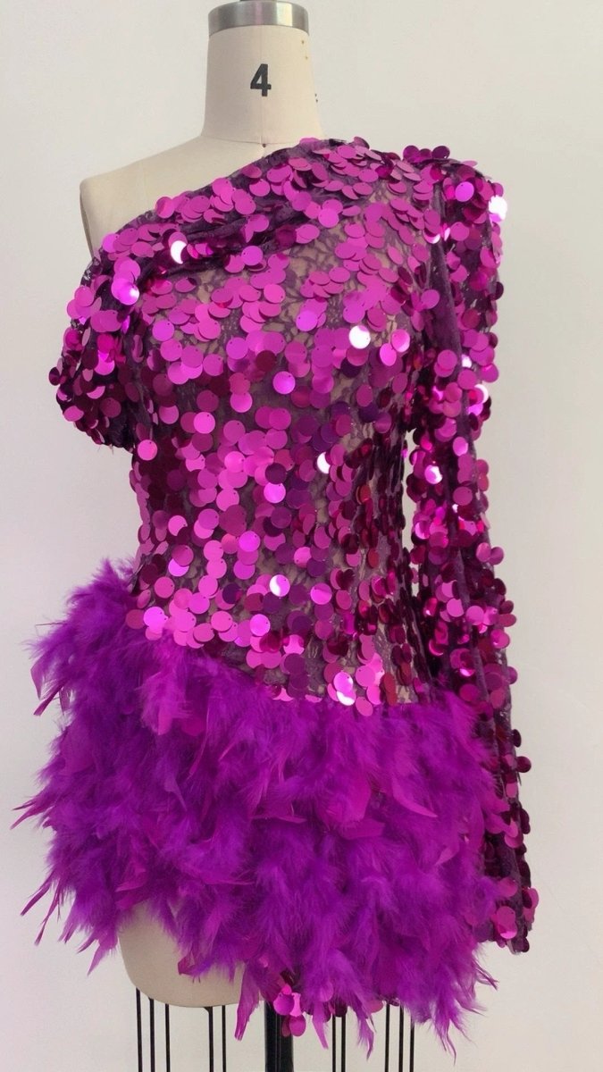 Purple Sequined Feather Skirt One-shoulder Sleeve Short Dress Luxury Party Stage Performance Dress MANDOTOS