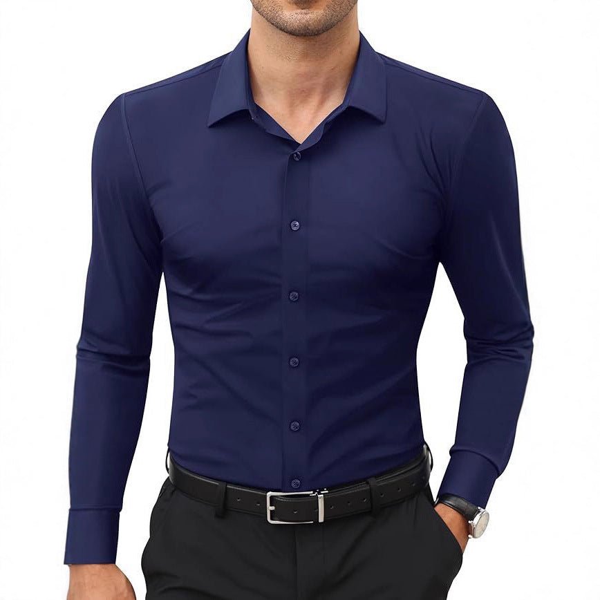 Men's navy slim-fit long-sleeve solid-color work shirt
