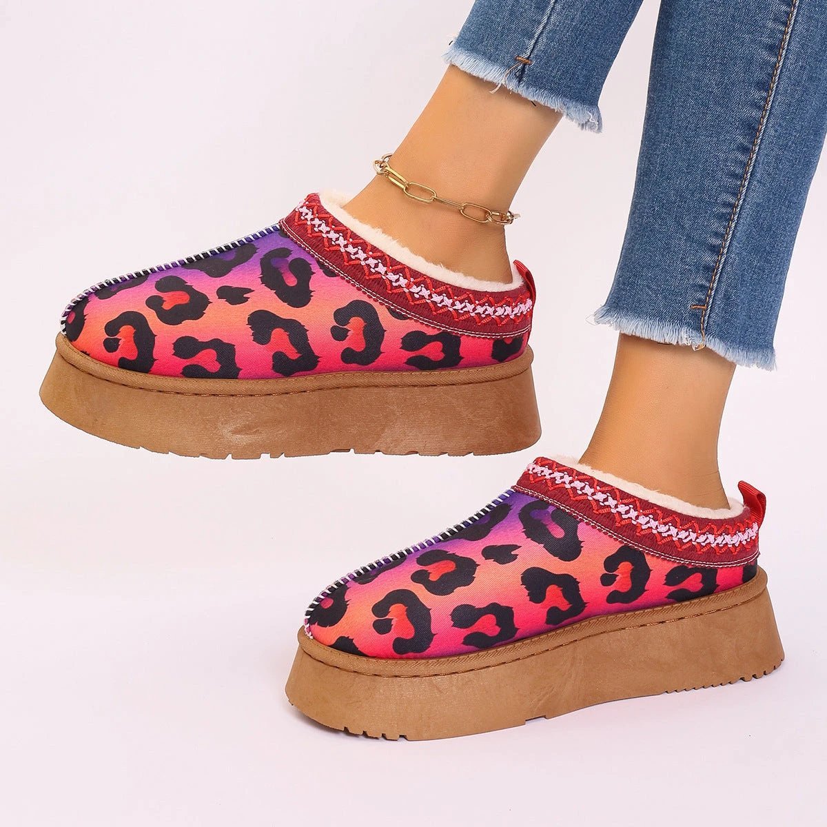 Mandotos Christmas Cartoon Print Plush Lined Slip On Navy Ankle Boots For Women Indoor Home Shoes - MANDOTOS