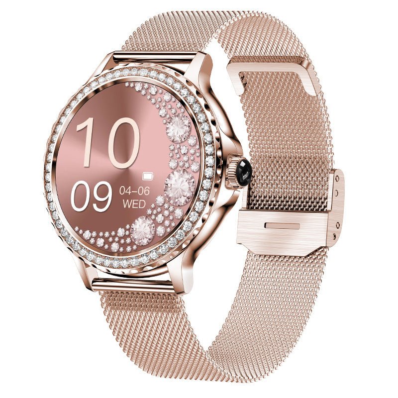Smartwatch with Bluetooth calling, rose-gold finish, diamond bezel, mesh band