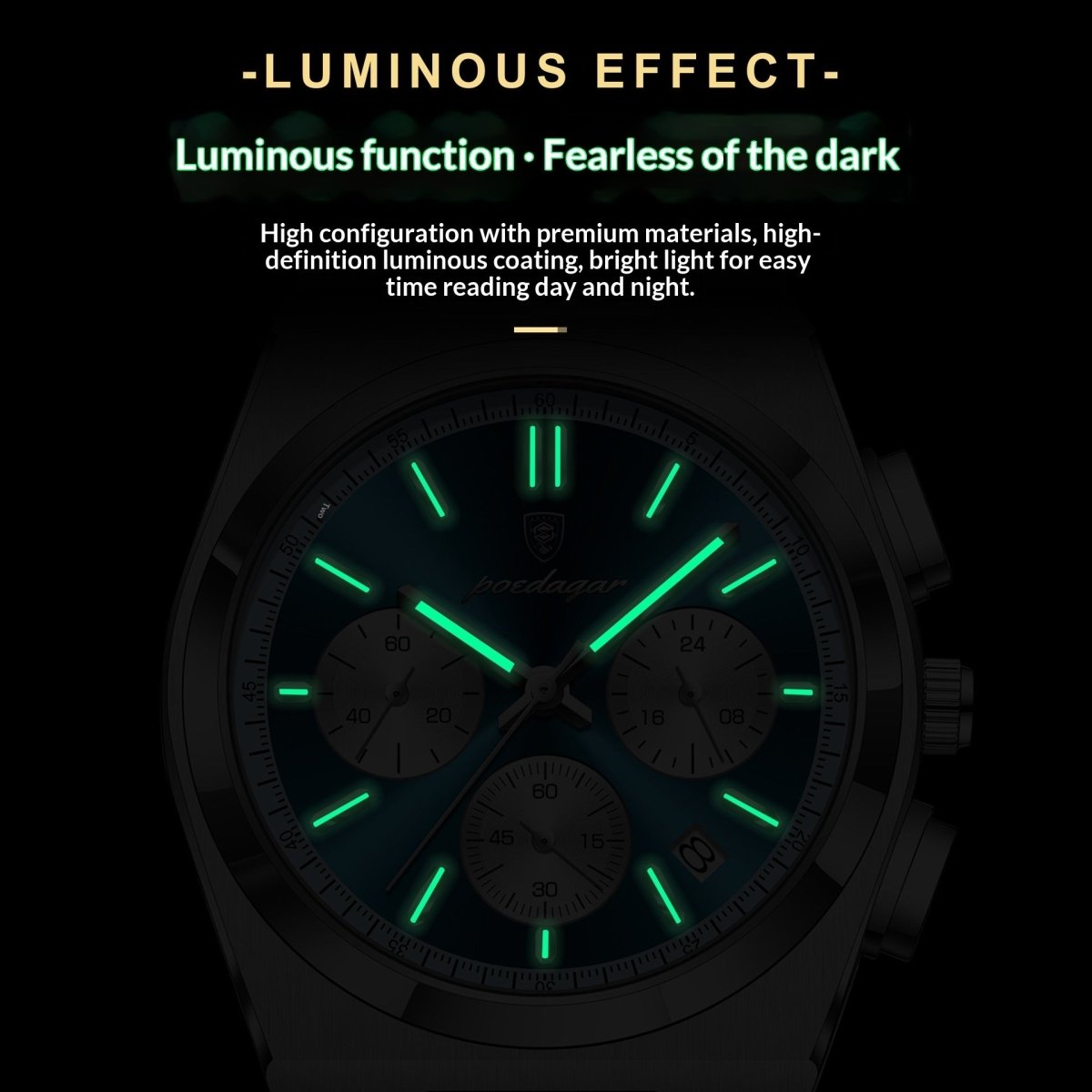 Mens Waterproof Multifunctional Luminous Ultra-thin Watch with glowing green lume on hands and markers
