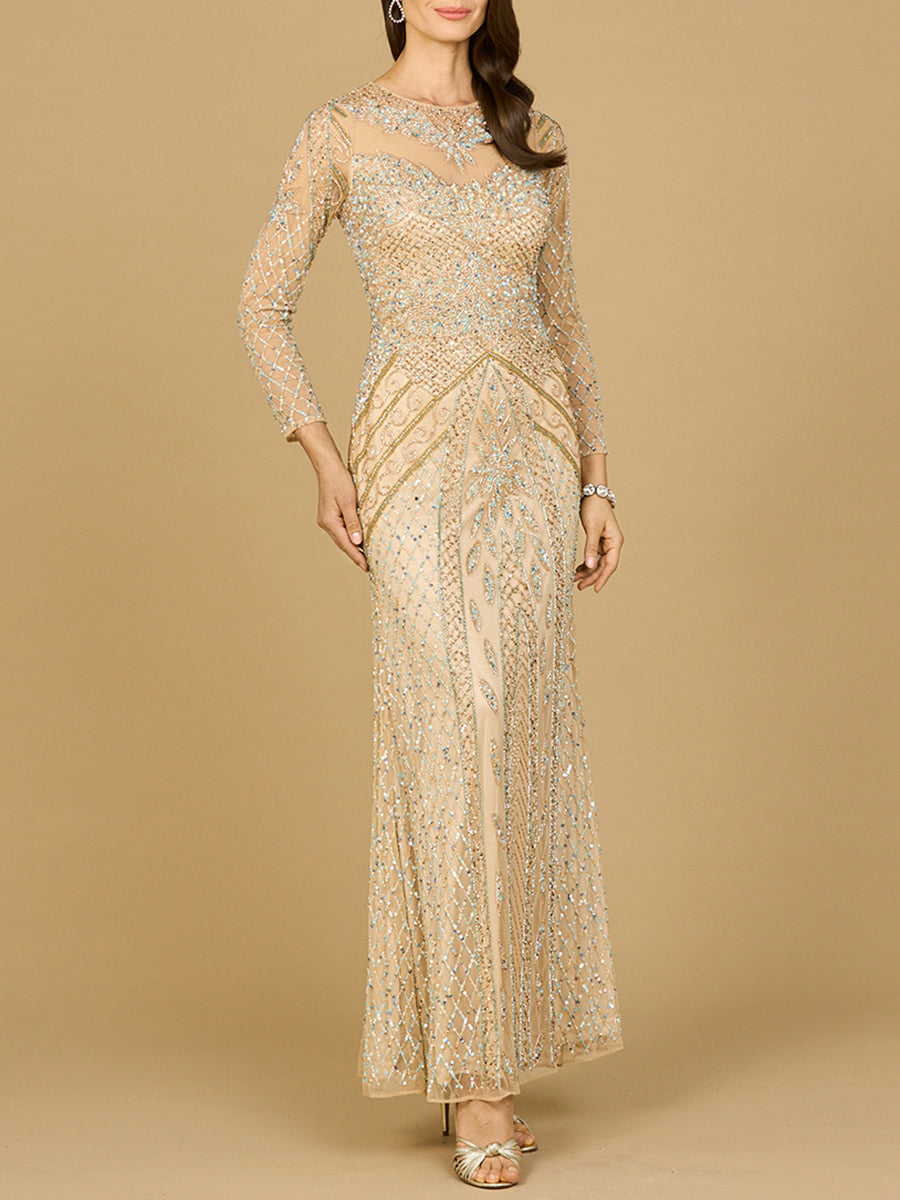 Illusion Neck, Long Sleeve Beaded Gown - MANDOTOS INTERNATIONALDress