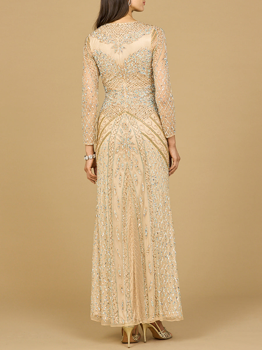 Illusion Neck, Long Sleeve Beaded Gown - MANDOTOS INTERNATIONALDress