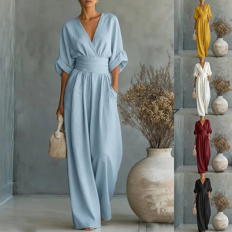Women's summer jumpsuit with V-neck and wide-leg pants in light blue; shown in 5 colors (yellow, white, burgundy, black).