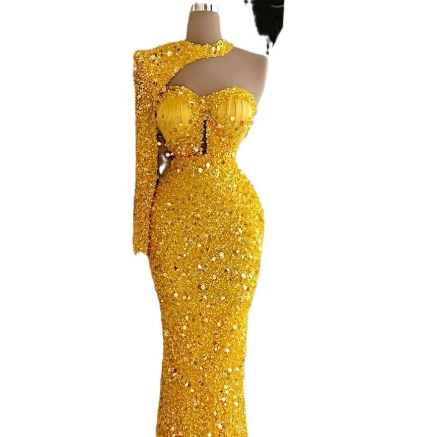 Sequined Pear Dress Embroidery Lace Asymmetric Single Sleeve Dress MANDOTOS