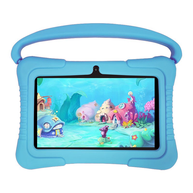 7-inch children's tablet in blue rugged protective case with handle.