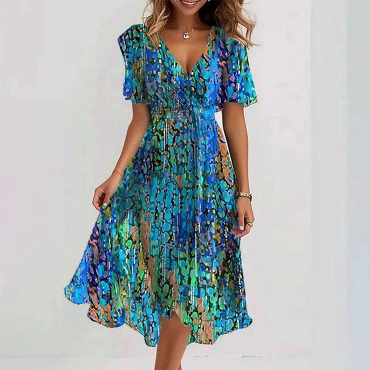 Chiffon Printed Short Sleeve Dress Summer Elegant V-neck Dresses Womens Clothing MANDOTOS