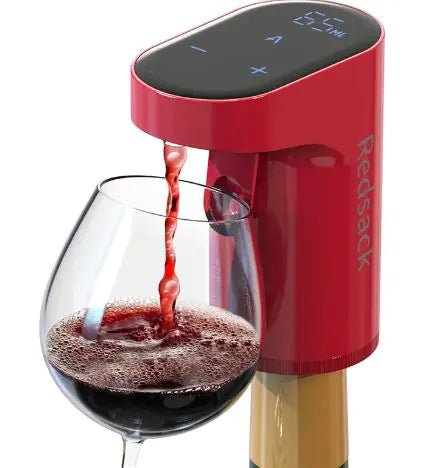 Smart wine pourer by MANDOTOS INTERNATIONAL, red electronic pourer pouring wine into a glass.