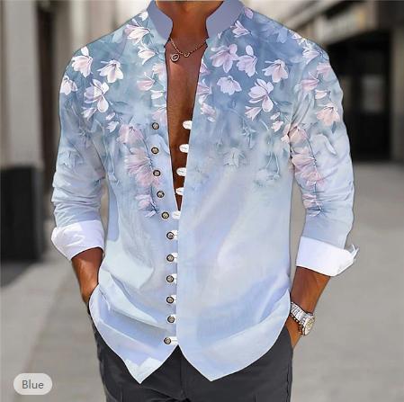 Mens Fashion 3D Printed Shirt Top in light blue floral print with metal button front and rolled cuffs