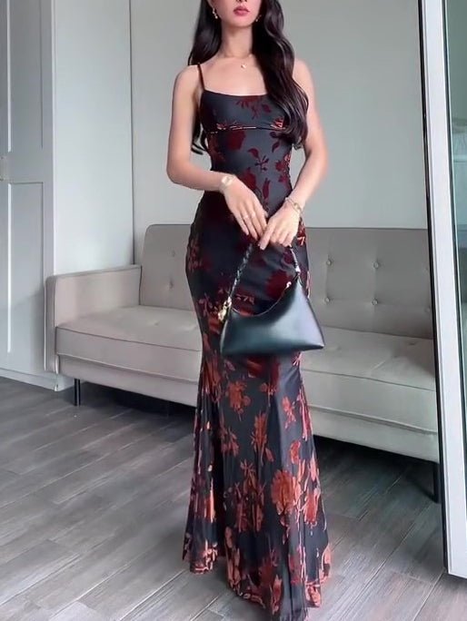 Flocked Strappy Maxi Dress by Ancient Energy; black fabric with red floral flocked pattern.