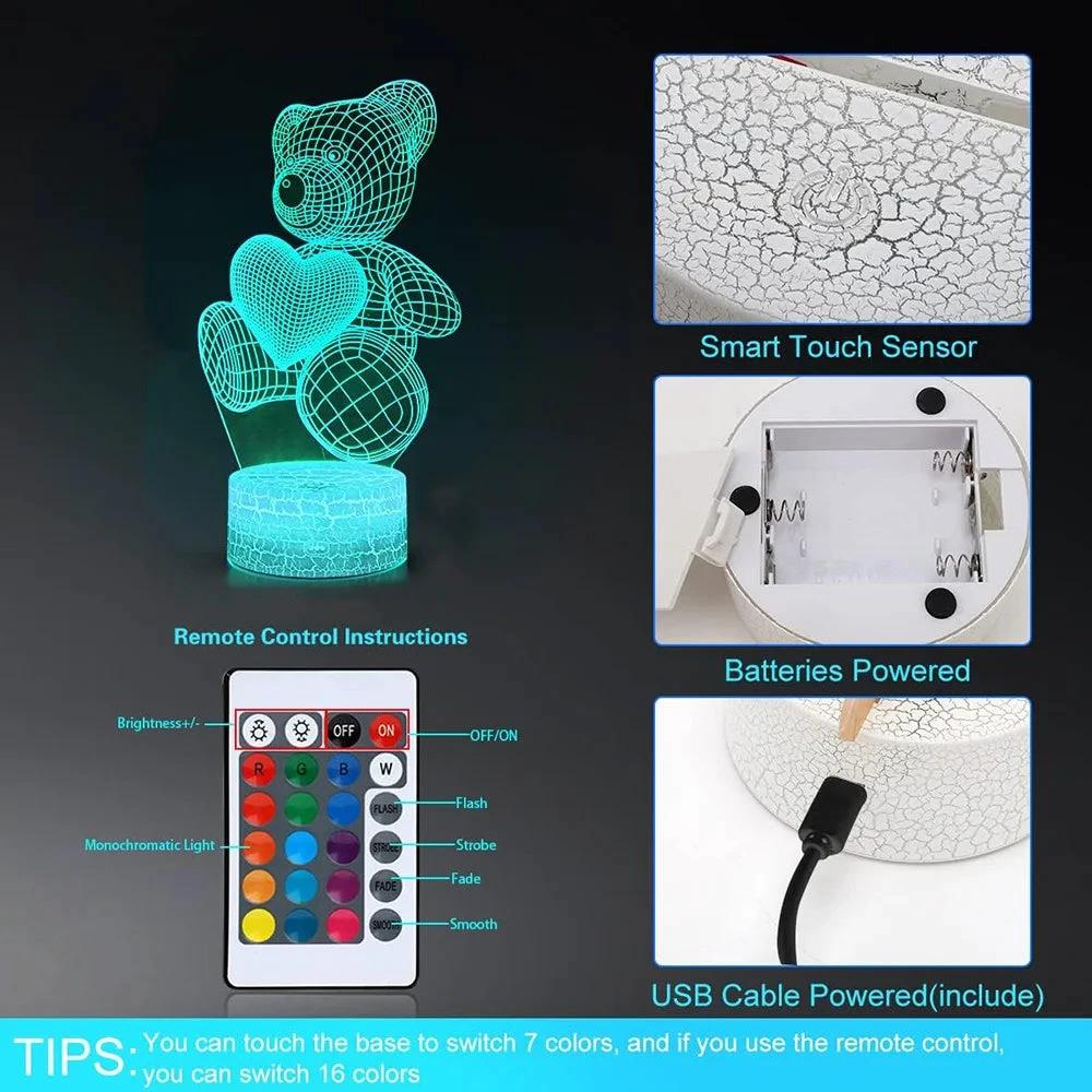 Mandotos 3D Teddy Bear Lamp Acrylic USB LED Night Light 16 Colors Remote Control MANDOTOS