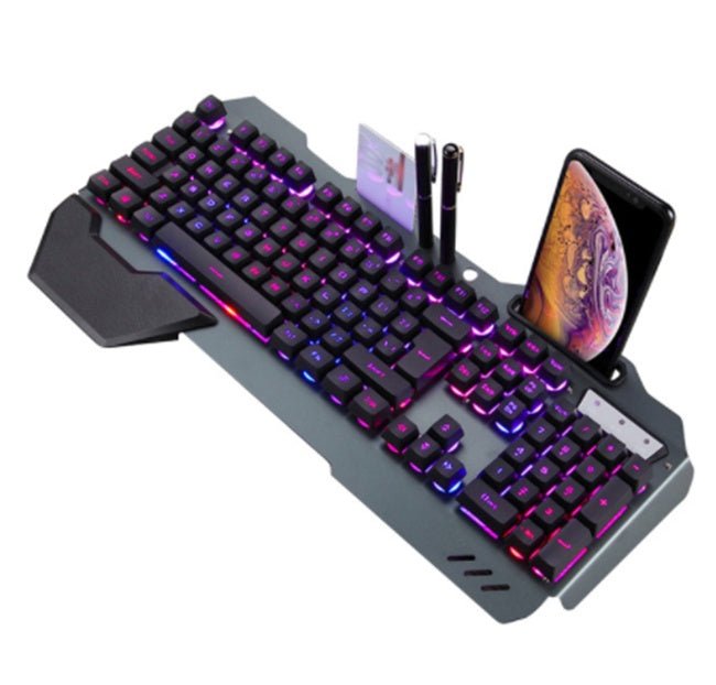 Ancient Energy gaming wired mechanical keyboard with RGB backlight and phone stand.