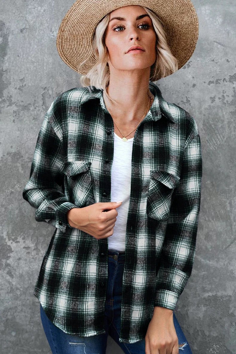 Plaid Shirt Women Spring Mid - length Loose Blouse Turndown Collar Shirt Clothing - MANDOTOS INTERNATIONAL0