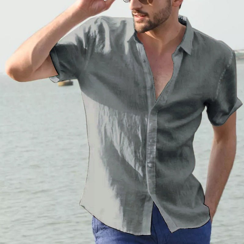 Men's summer short-sleeve casual button-down shirt with collar, light gray