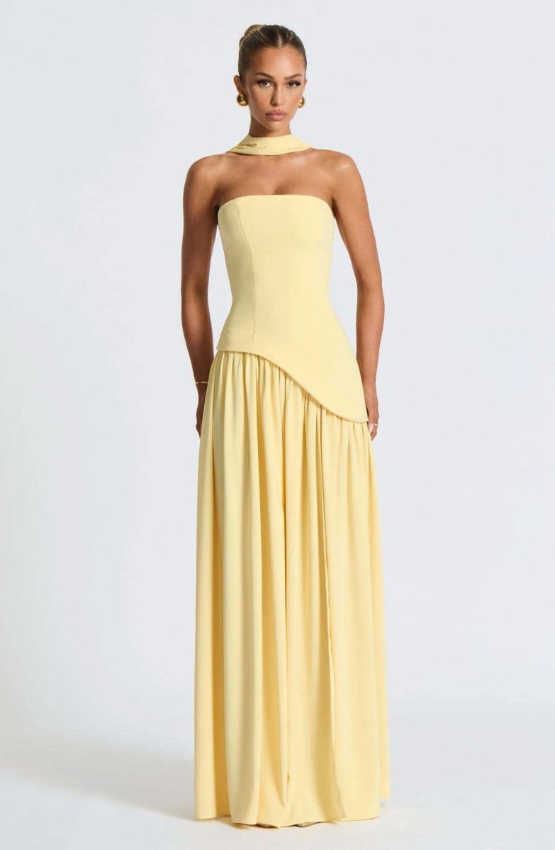 Cherry Lacquer Maliyah Maxi Dress with Chiffon Skirt & Scarf - MANDOTOS