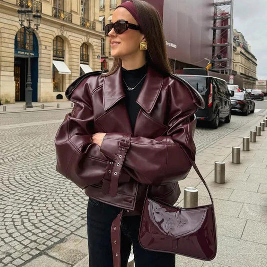 Loose Lapel Leather Jacket Fashion Cropped Tops Streetwear For Womens Clothing - MANDOTOS