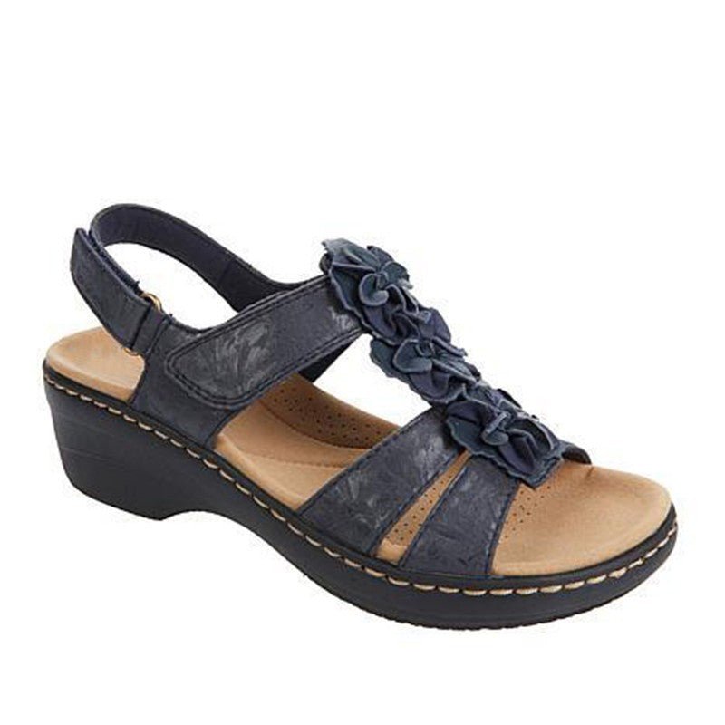 Hollow wedge-heel fish-mouth sandals, navy blue with floral front strap, Ancient Energy, women's size 43.