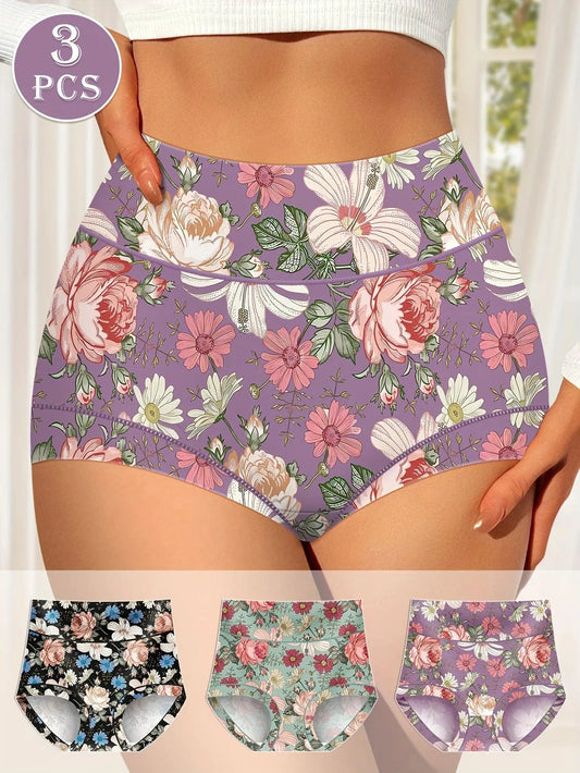 3pcs High Waisted Panties Women's Panties Tummy Tightening and Hip Lifting Printed Patterns Comfortable Fit - MANDOTOS