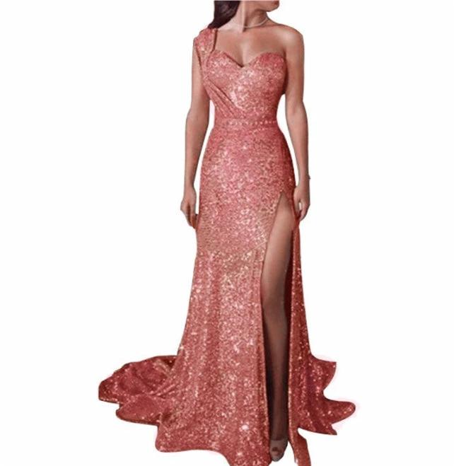 Women's Clothing One-shoulder Sleeveless Bronzing Split Dress MANDOTOS