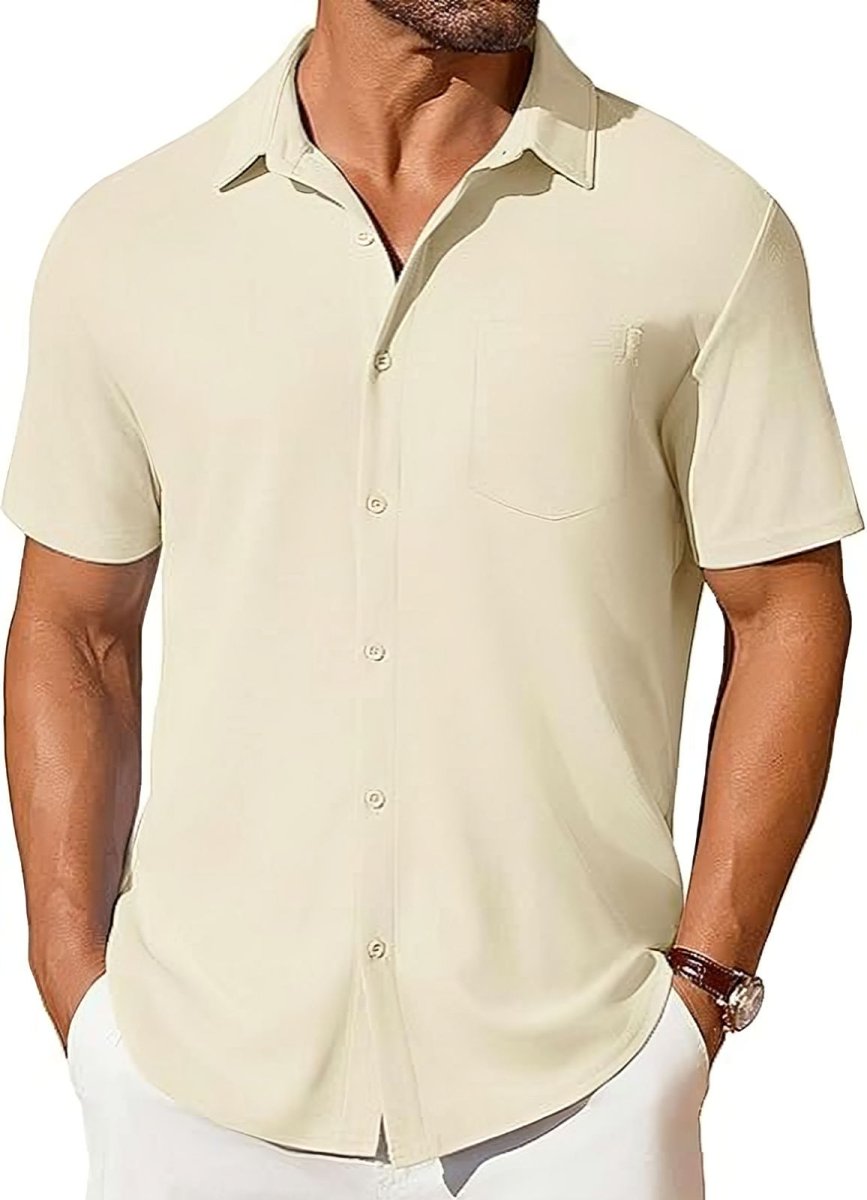 Mens short-sleeve wrinkle-resistant button-up shirt in beige with chest pocket by Ancient Energy