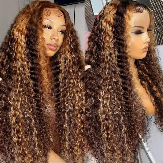 4/27 Highlight Ombre Deep Wave HD Lace Front Wig 180 Density Curly 30 nch 13x5 Brown 13x6 Lace Frontal Human Hair Wig Brazilian - MANDOTOS