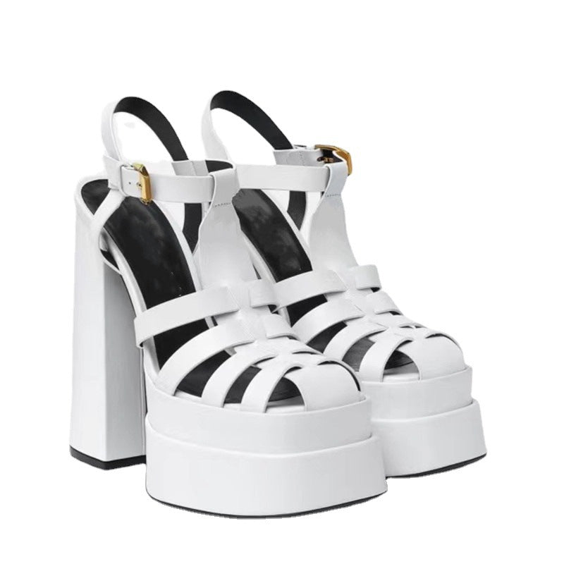 White strappy platform sandals with thick block heels and ankle buckles by Ancient Energy