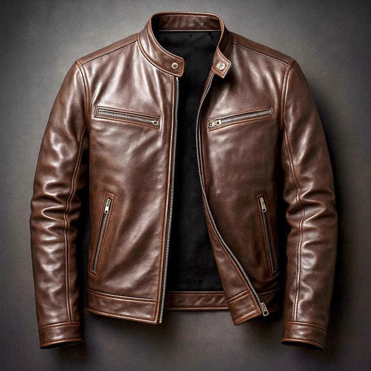 Mens PU Leather Motorcycle Jacket with Stand-Up Collar in brown, front zip, chest and side pockets