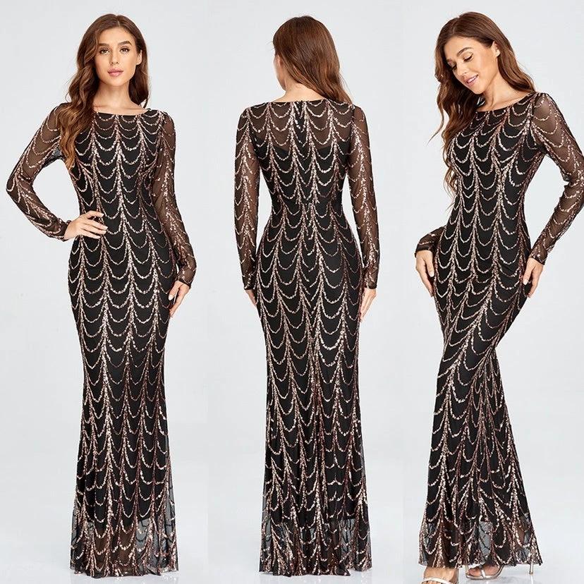 Sequins Women Maxi Dresses Long Sleeve Female Party Dresses MANDOTOS