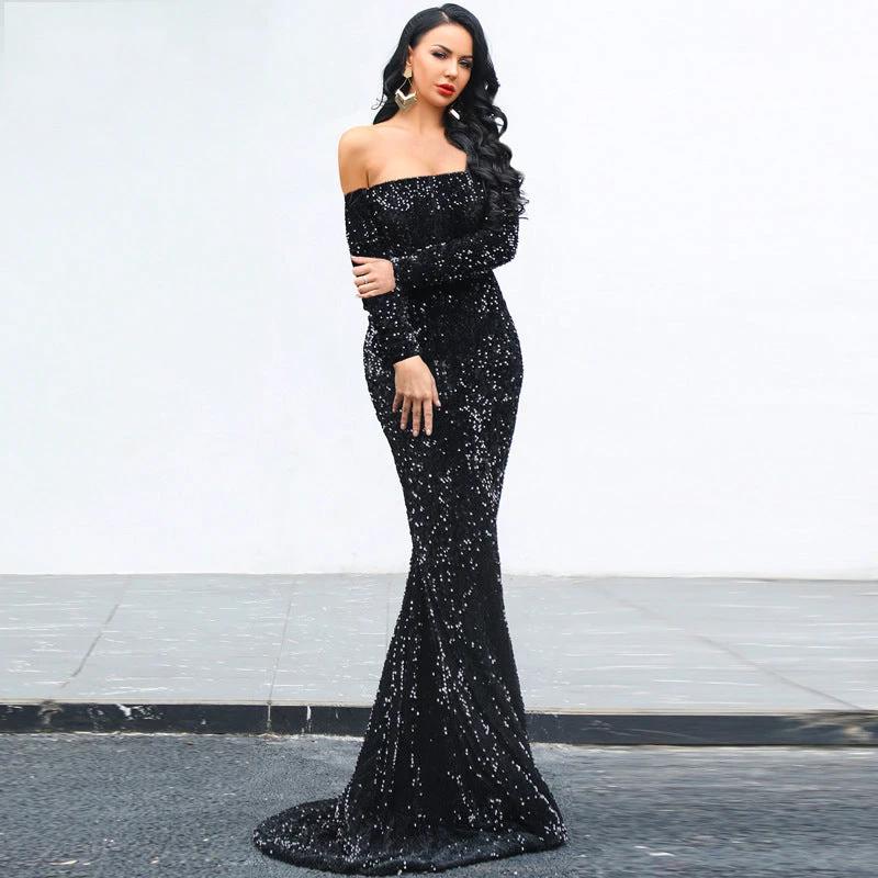 Sexy Strapless Long Sleeve Sequins Party Evening Dress MANDOTOS