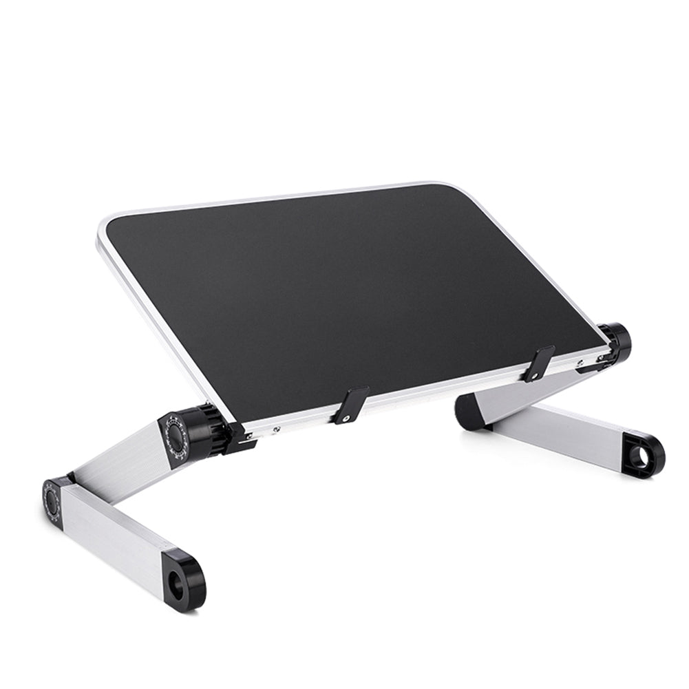Foldable laptop stand with aluminum frame and black top; adjustable height and tilt, Ancient Energy.