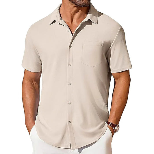 Men's short-sleeve wrinkle-resistant button-up shirt in beige by Ancient Energy.