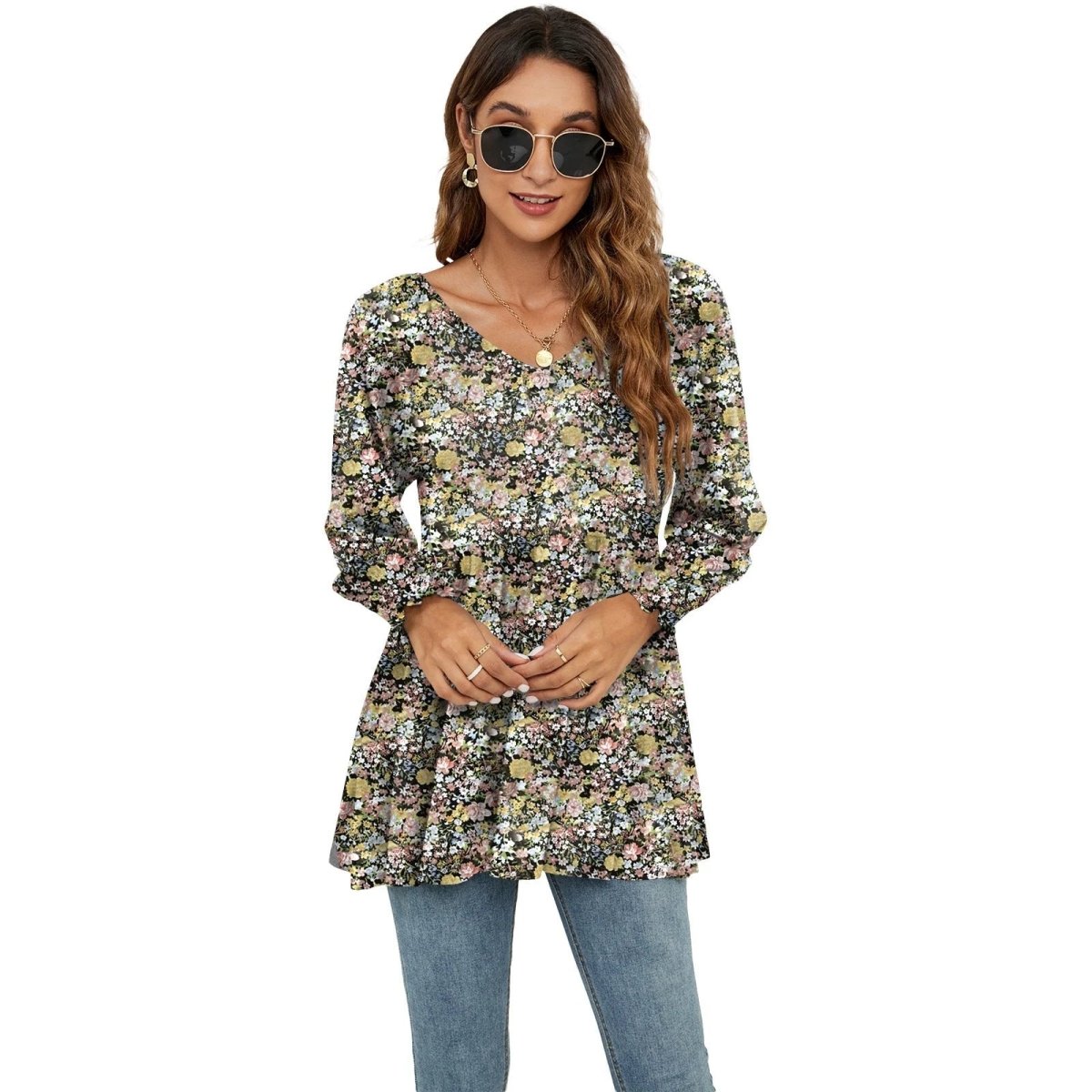 Long Puff Sleeve Tops Women Flowers Print Casual V - Neck Blouse T-Shirts Babydoll Tops - MANDOTOS INTERNATIONAL0