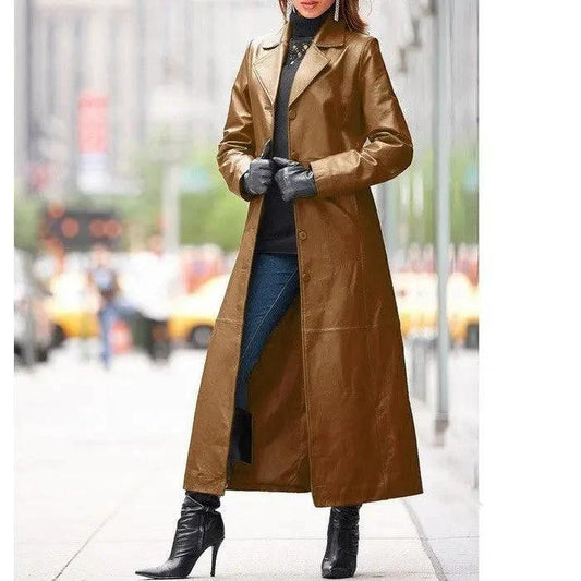 European and American women's leather coat long coat - MANDOTOS