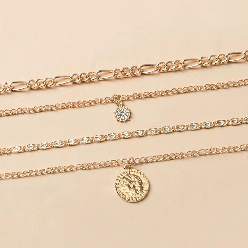 Mandotos Chunky Gold Layered Necklace With Coin Pendant And Sun Charm For Women - MANDOTOS