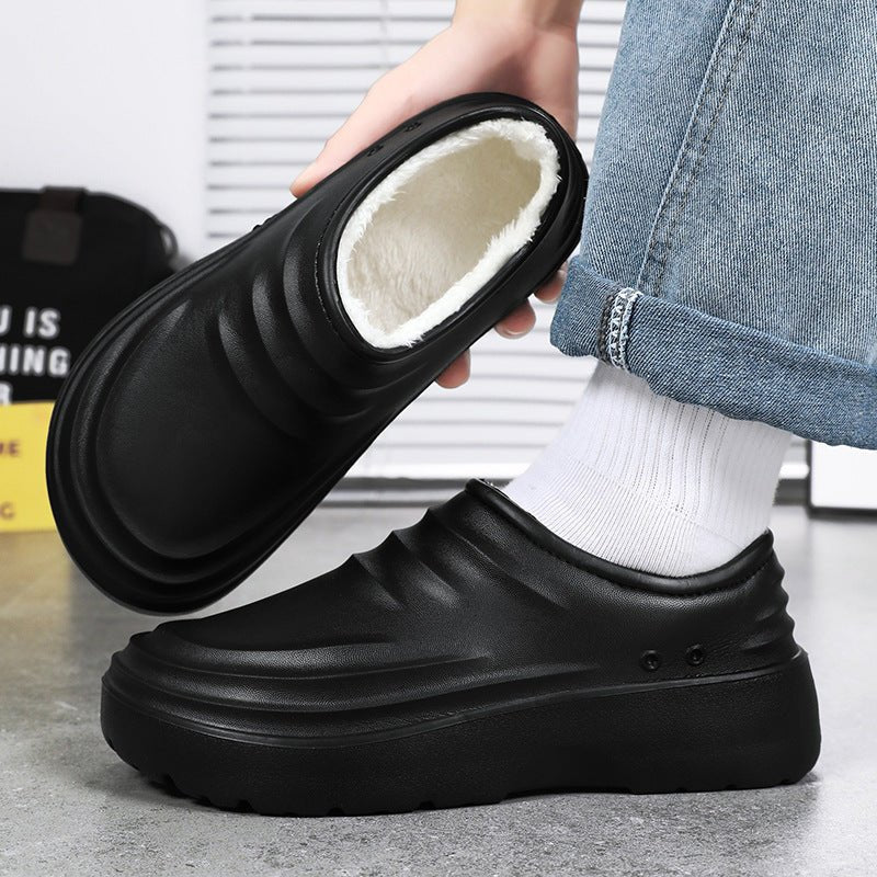 Insulated chef shoes, closed-toe cotton, black pair with plush white lining