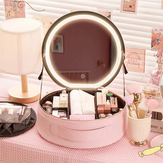 Round Smart LED Makeup Bag - Mirror Lights Travel Organizer - MANDOTOS