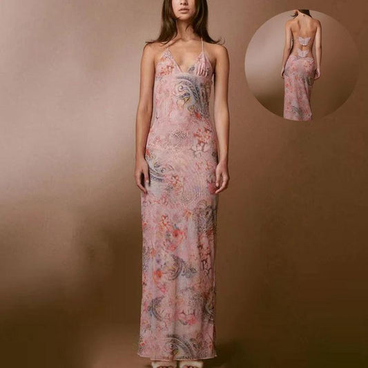 Floral Print Halter Dress - Sexy Butterfly Back Spaghetti Straps - MANDOTOS