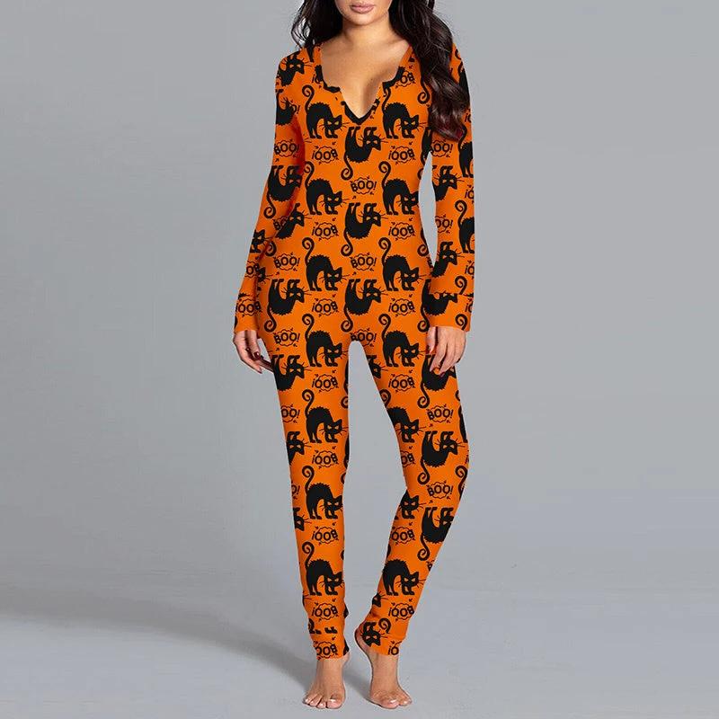 Halloween Printed Jumpsuit - Long Sleeve Home Pajamas - MANDOTOS