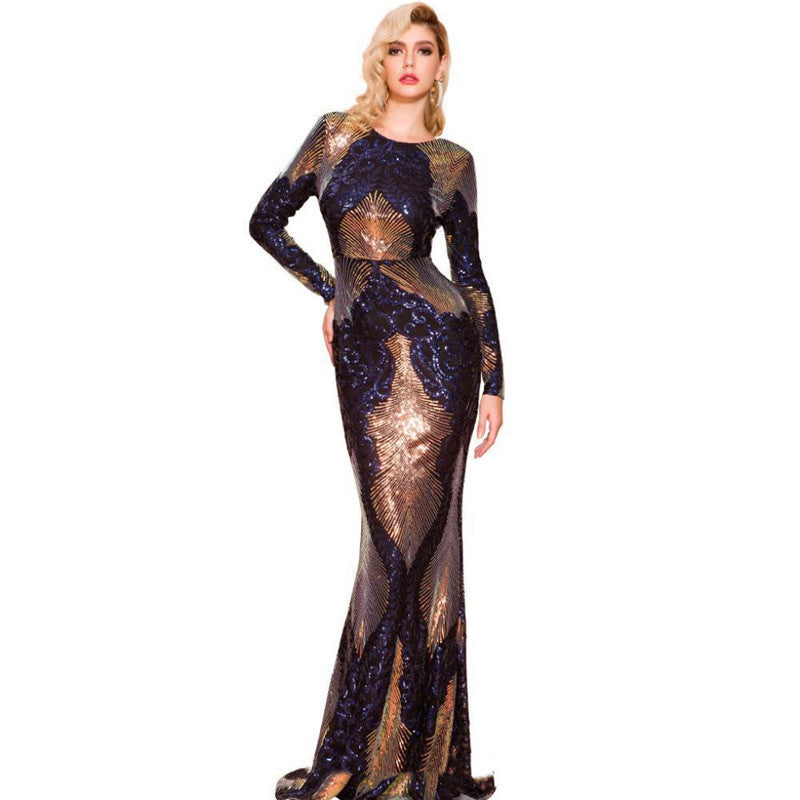 Long Sleeve Backless Sequin Dresses Female Maxi Multi Dress MANDOTOS