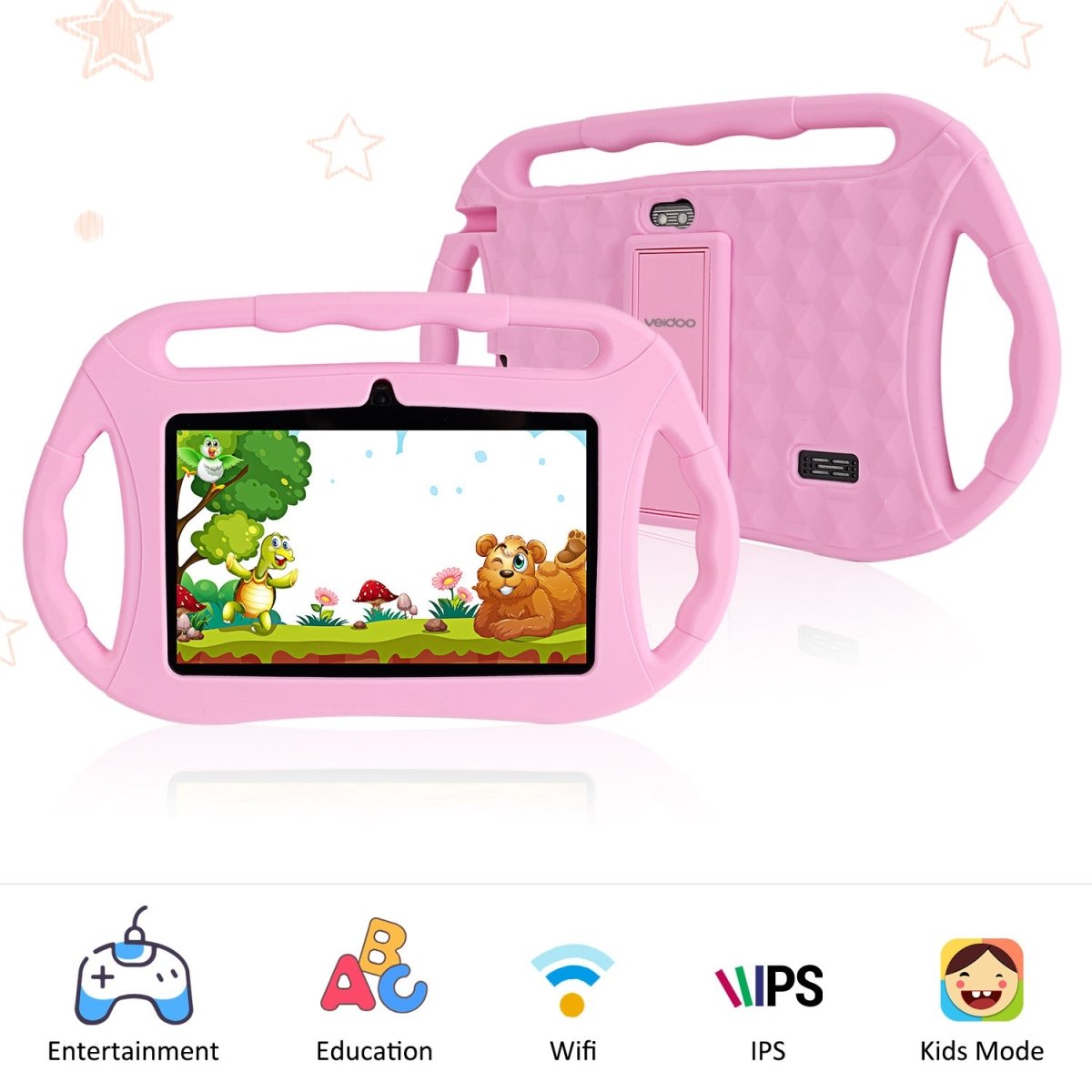 Ancient Energy 7-inch pink children's tablet with protective diamond-textured case and dual handles, educational device