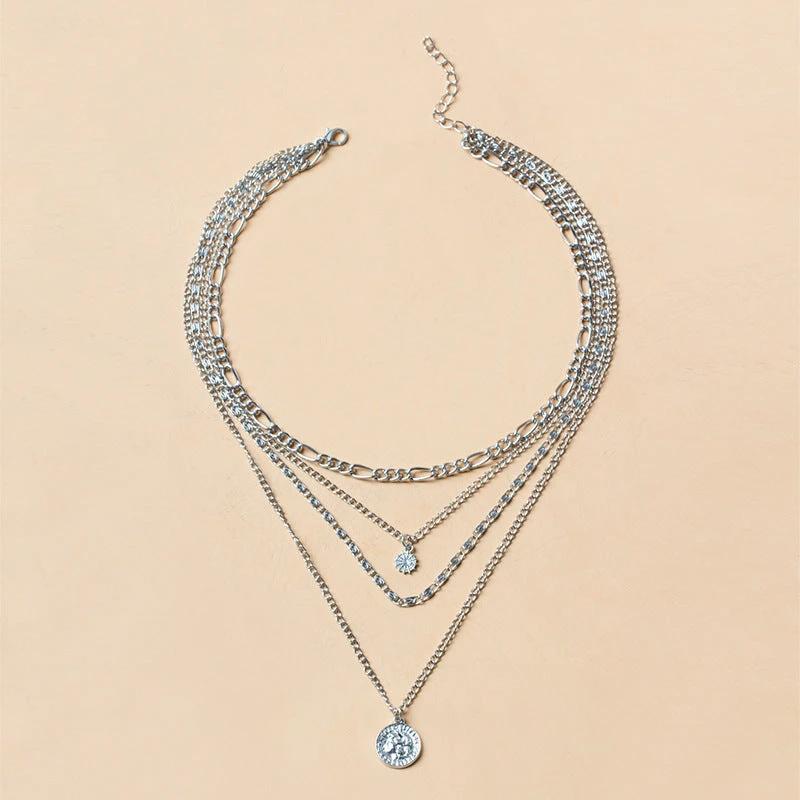 Mandotos Chunky Gold Layered Necklace With Coin Pendant And Sun Charm For Women - MANDOTOS