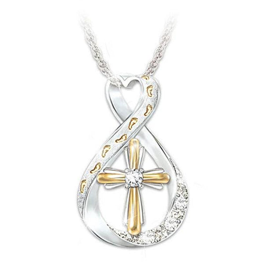Mandotos Cross Footprint Diamond Pendant Two Tone Necklace - MANDOTOS