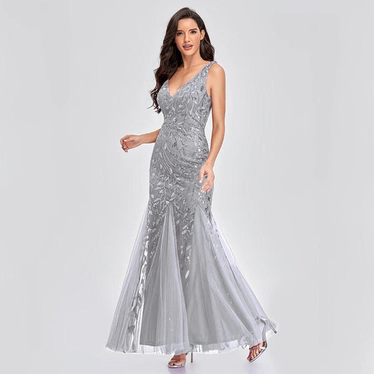 Sexy Long Dress Sleeveless V-neck Embroidered Sequin Slim Mermaid Dress MANDOTOS