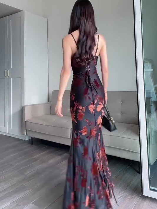 Flocked Strappy Maxi Dress by Ancient Energy, black with red floral flocking, lace-up back, floor-length