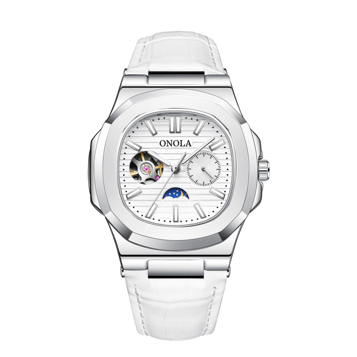 ONOLA mechanical watch with sun moon and stars dial, white dial, white leather strap, silver case