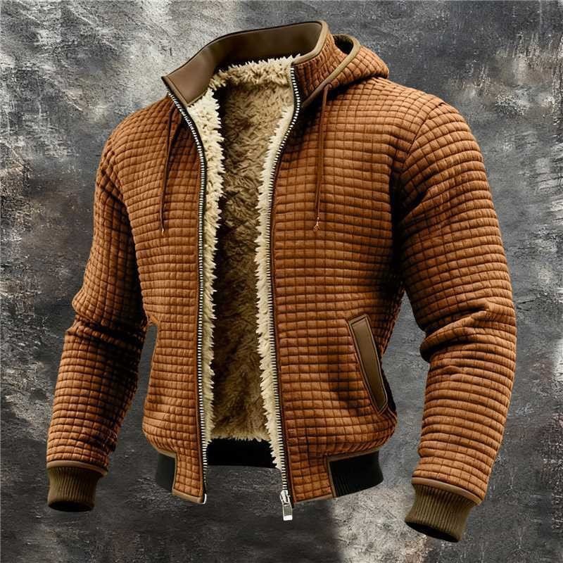 Mens brown quilted hooded jacket with faux shearling lining and zip front