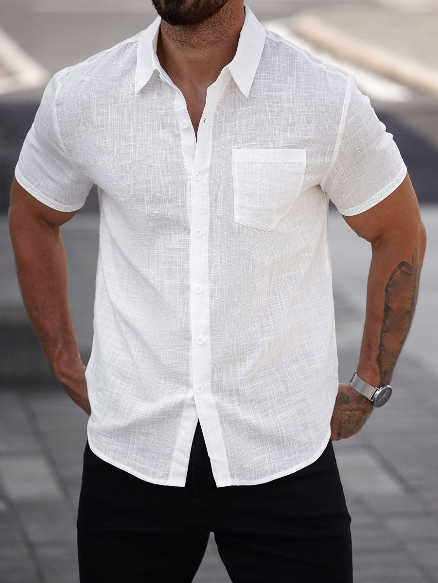 Men's white short-sleeve cotton shirt with chest pocket by Ancient Energy